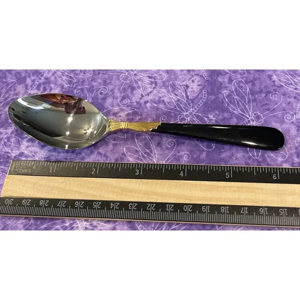 Yamazaki Lindi Teaspoons 18/8 Stainless Black Handle Gold Accent Set‎ Of 4 VTG